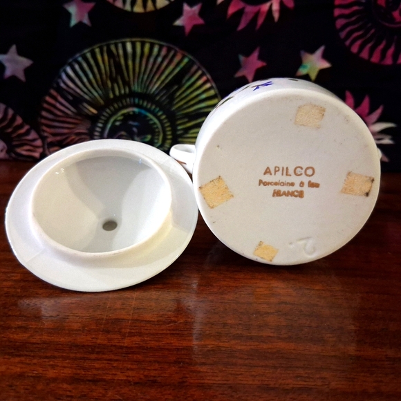 Apilco France Cream Pot Sugar Bowl Pot Au Creme Antoinette Bluet Flowers Gold 3" - Picture 9 of 12